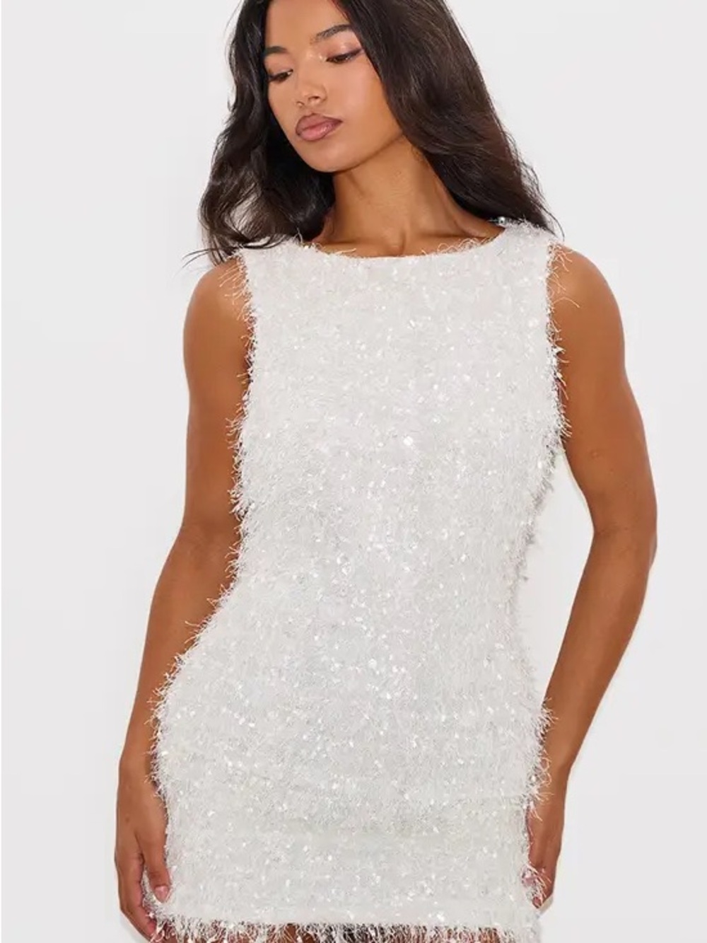 Pretty Little Thing White Faux Feathered Boat Neck Mini Dress